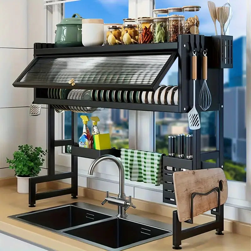 Hanging Dish Rack with Enclosed Cabinet and Shelves